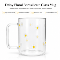 Mug en verre borosilicate à motif floral Daisy avec poignée, résistant à la chaleur, compatible micro-ondes, mug à café sans plomb, tasse en verre esthétique et mignonne