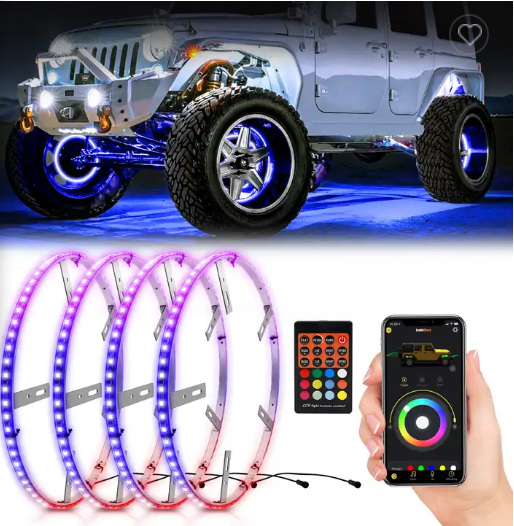 Hot Sale Car Accessories Lights 14 Inch 15.5 Inch 17 Inch RGB Wheel Ring 12V Remote App Control 4pcs Kit Wheel Rim Light for Car