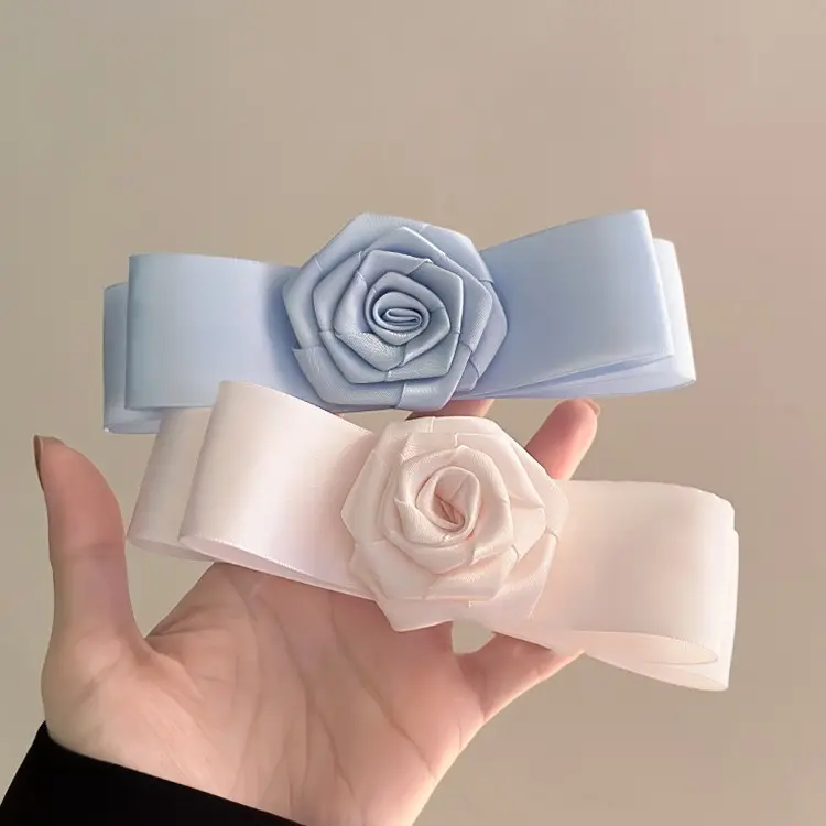 CLARMER French elegant texture solid color rose women hair accessory handmade custom fabric cover bow spring hair clip