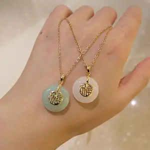 2022 Good Fortune Chinese Word Safe Circle Necklace Clear Green Jade Round Custom Pendant Necklace Amulet Jewelry