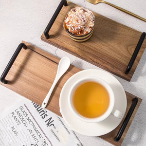 Acacia Wood <b>Tray</b> With Metal Handle Solid Wood Serving <b>Tray</b> For Cake Fruit Afternoon <b>Tea</b> Residential Use - Product Image 1