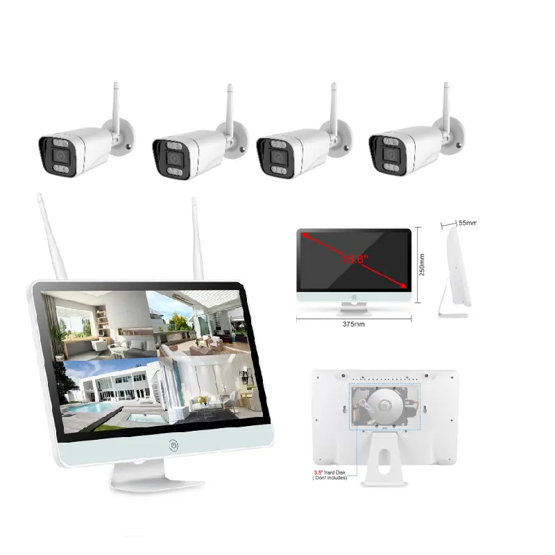 3.0Megapixel 4 CH Wifi NVR Kits IP Bullet Network 15.6 inch Screen CCTV Kit Wireless Security Camera with Audio