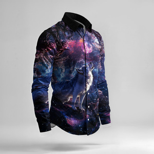 <span class=keywords><strong>Camicia</strong></span> Casual da <span class=keywords><strong>uomo</strong></span> Starlit Sky Casual primavera monopetto con risvolto ampio stile <span class=keywords><strong>camicia</strong></span> da lavoro comoda pittura a olio di lupo - Product Image 5