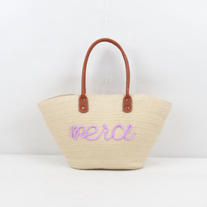 Màu Tím bông dây thêu của phụ nữ bãi biển Túi PU Xử lý giấy rơm dệt Túi xách kỳ nghỉ giải trí mua sắm Snap đóng cửa loại - Product Image 6