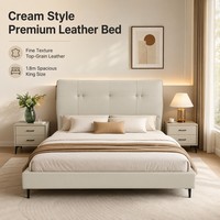 Lit Double de Luxe Tendance en Cuir Écologique Crème, Cadre Solide, Coussin Rembourré, pour Hôtel, Villa, Chambre Principale - Vente en Gros