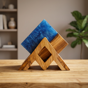 Juego de Posavasos Cuadrados Bohemios de Diseño Único, Mitad Madera, Mitad Resina Azul con Patrón, 5mm de Grosor, Diámetro Personalizable, Ecológicos - Product Image 1