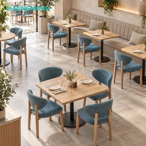 Light Solid Wood Frame <b>Dining</b> <b>Chair</b> Blue Fabric Cushion Square Restaurant Table Hospitality Furniture Set - Product Image 2