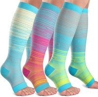 Chaussettes de compression à rayures dégradées personnalisées, souples, à bout ouvert et zippées pour femmes, manchons de compression graduée pour mollets, récupération sportive, anti-fatigue des jambes