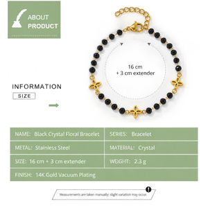 สร้อยข้อมือคริสตัลสีดำลายดอกไม้ สแตนเลสสตีลชุบทอง 14K แบบสุญญากาศ พร้อมลูกปัดและลายดอกไม้เปิดสามดอก - Product Image 4