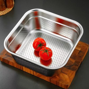 Double Stainless Steel <b>Square</b> Drain Basket Perforated Basin For Kitchen Vegetable Rice Washing Easy To Clean Polished Surface - Product Image 4
