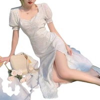 Robe d'été style français vintage amincissante mi-mollet à manches bouffantes à pois