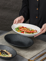 Assiette ovale en céramique mate texturée, bol de service profond en forme de bateau pour restaurant occidental, steak, fruits de mer, pâtes, salade, apéritif