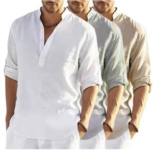 Chemise décontractée pour homme en coton et lin de haute qualité, col en V, tie-dye, popeline, respirante, manches longues, pour la plage - Product Image 1