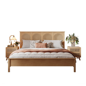 Lit en rotin et bois massif de style rétro américain, lit plateforme double de 1,8 m, meubles de chambre à coucher durables - Product Image 4