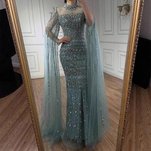 ヌード/ブルー/ターコイズ2025年豪華アラビア語ヌードビーズロングケープスリーブハイネックプロムパーティーフォーマルガウン付きイブニングドレス - Product Image 3