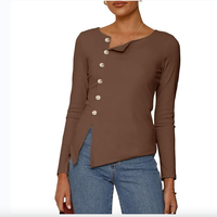 Blouse Femme Personnalisée OEM Printemps-Automne, Haut Long en Tricot Irrégulier avec Ourlet Semi-Plié, Boutons Décoratifs, Style Tendance et Élégant