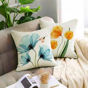 4 Fundas de Almohada Decorativas de Lino Ecológico con Diseño Floral Clásico <span class=keywords><strong>en</strong></span> <span class=keywords><strong>Acuarela</strong></span>, Cierre de Cremallera, Personalizables, Rosa/Amarillo/Azul, Tulipán - Product Image 2