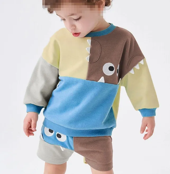 В европейском и американском стиле для детей с милым мультяшным изображением "монстр", пуловер для мальчиков, стиль унисекс, хлопковая толстовка и шорты комплекты детской одежды из 2 предметов
