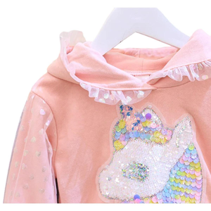 Nouvelle Mode Ensembles de Vêtements pour Filles Sweat à Capuche <span class=keywords><strong>Licorne</strong></span> Pailletée et Pantalon en Jean Perlé pour Enfants - Product Image 2