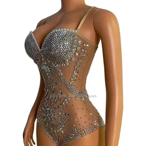 Onesie luxuoso embutido e de strass, shorts sensuais de dança e desempenho em barra