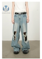 Jeans pour hommes à jambe large, style streetwear, déchirés, usés et à franges, vente en gros d'usine, personnalisables