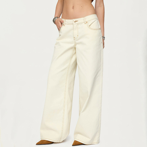 Jeans da Donna Personalizzati OEM in <span class=keywords><strong>Ecru</strong></span> Bianco con Cuciture a Contrasto e Gamba Dritta per Primavera Estate - Product Image 4