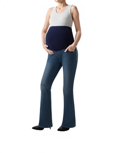 <span class=keywords><strong>Jean</strong></span> de maternité extensible pour femme, coupe bootcut, taille élastique, poche ventrale, design évasé, délavage neige, respirant, longueur intégrale - Product Image 2