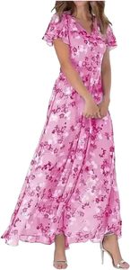 Robe longue pour femme en mousseline de soie à col en V, manches courtes, à volants, motif floral, fournisseur de mode - Product Image 5