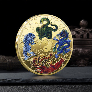 Monedas de Metal con Estampados de Animales de Hierro, con Cuatro Bestias Míticas Chinas Antiguas en Relieve Dorado Antiguo y <span class=keywords><strong>Ocho</strong></span> <span class=keywords><strong>Trigramas</strong></span> Yin Yang - Product Image 3