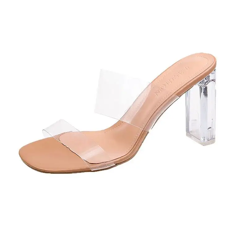 New women wear block summer high heel transparent one word slippers crystal heel plus size heeled sandal slippers