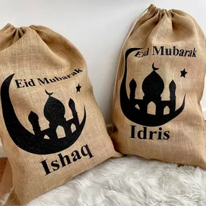 Sacchetto regalo promozionale con coulisse in lino di juta di juta piccola borsa regalo fai da te borsa fatta a mano Eid Mubarak sacchetto di gioielli da sposa per feste