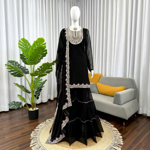 Traje Sharara Moderno Negro de Georgette Sintético, Conjunto de Salwar Kameez Bordado con Dupatta para Bodas, Graduaciones, Diwali y Fiestas para Mujer - Product Image 1