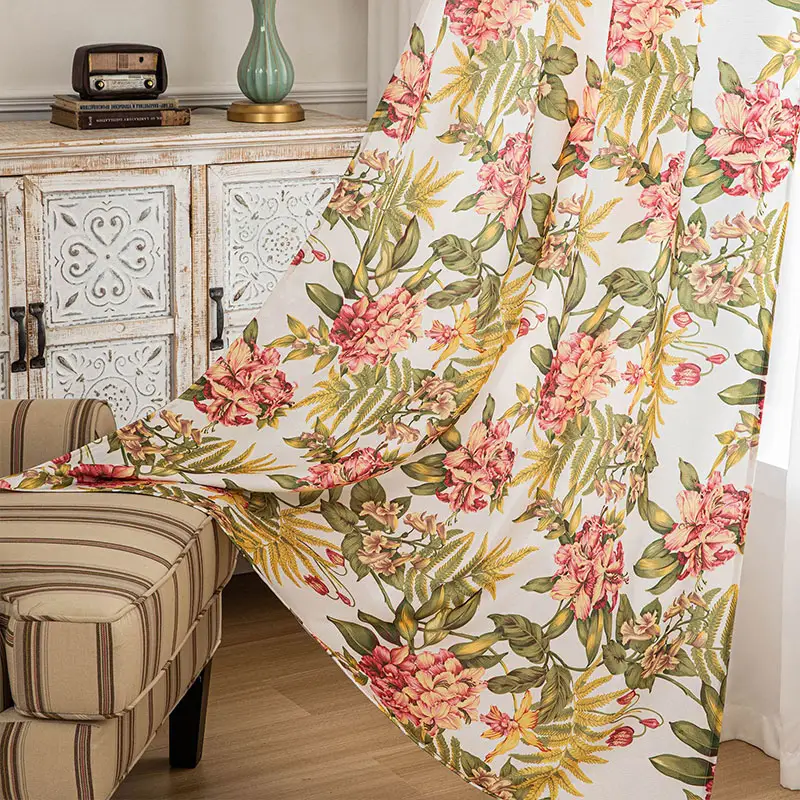Amity American Style Light Luxury Countryside Flower Leaves Printed Eyelet Curtain Panel Living Room Curtain For Home