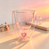 Tasse à thé en verre à double paroi, joli design cœur rose à l'intérieur, verre à double paroi résistant à la chaleur, vaisselle pour la maison et les cadeaux