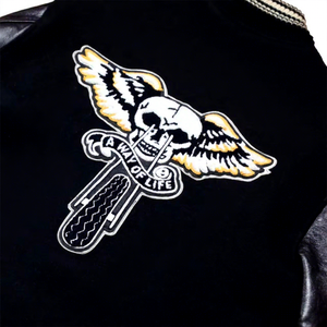 Unisex Black Varsity Jacket Leather Sleeves Embroidered <b>Patch</b> Designs Moto <b>Biker</b> Style Turn-down Collar Regular Fit Custom LOGO - Product Image 2