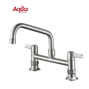 Robinet de cuisine classique en laiton, double trou, double poignée, design moderne en acier inoxydable 304, mitigeur commercial à montage sur plan, rotation à 360 degrés - Product Image 1