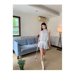 Robe d'été asymétrique pour femme, col licou, taille haute, coupe trapèze, respirante, en polyester/coton, style vintage, pour soirée ou décontractée - Product Image 4