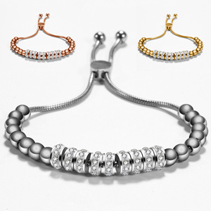 European American Rhinestone Beaded <b>Bracelet</b> Adjustable Stainless Steel Titanium Steel Round <b>Ball</b> Gift Jewelry - Product Image 1