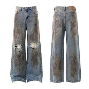 Pantalones holgados desgastados al por mayor, ropa de calle, pantalones <span class=keywords><strong>vaqueros</strong></span> rasgados lavados Vintage para mujeres <span class=keywords><strong>y</strong></span> hombres, pantalones <span class=keywords><strong>vaqueros</strong></span> de pierna ancha de cintura alta - Product Image 1