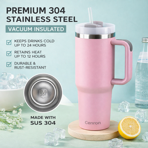 Pink Stainless Steel Tumbler <b>with</b> Handle Vacuum Insulated Travel Mug Double Wall Thermal <b>Flask</b> - Product Image 4