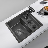 Robinet d'évier de cuisine à double trou en acier inoxydable 304 mitigeur dissimulé de levage noir avec robinet d'évier caché