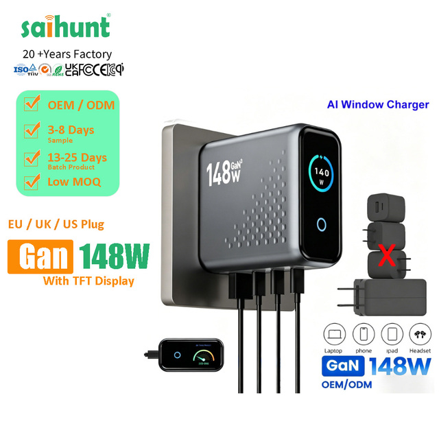 148W 4-Port GaN Desktop Charger, PD3.1 Fast Charging Station with AI Smart Display, US Plug Wall Adapter for Laptop Phone