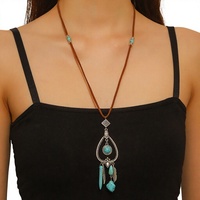 Collier pendentif turquoise pour femme style ethnique bohème, chaîne en cuivre électroplaqué, chaîne de pull en bambou