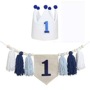 Chaise haute de style bohème pour garçons et filles, décoration de banderoles, perles en bois, couronne bleu foncé, ensemble de décoration pour fête de garçon - Product Image 1