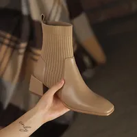 Nouvelles Bottes Plateformes Mi-Mollet à Talon Carré Uni pour Femme, Grande Taille 43, en PU, Semelle Extérieure en Caoutchouc, à Enfiler, Collection Automne Hiver 2026