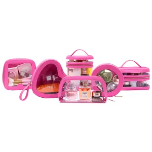 Neue tragbare Kosmetik tasche Set transparente PVC PU Leder Reiß verschluss Reise rosa Schönheit Kosmetik Make-up Tasche für Barbie