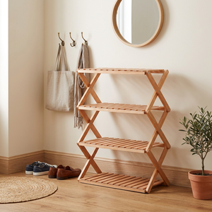 Range-chaussures en bois de radiata peu encombrant – Organisateur d'entrée pliable naturel à 2/3/4 niveaux pour un rangement flexible - Product Image 1