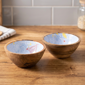 Luxury Quality <b>Blue</b> Enamel Wooden <b>Bowl</b> with natural mango wood finished 8 inch wooden <b>bowl</b> for serving salad - Product Image 1