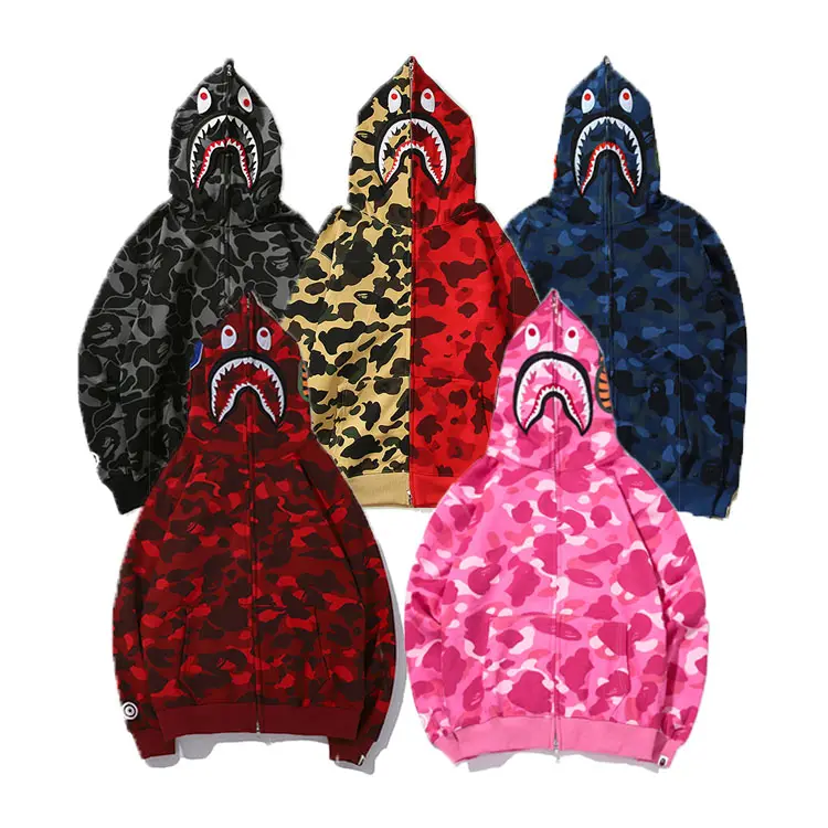 Boys Tracksuit Bape Camo Hoodie Men Trendy Sweatsuit Zip Up For Kids Bucket Hat Pullover Shark Black