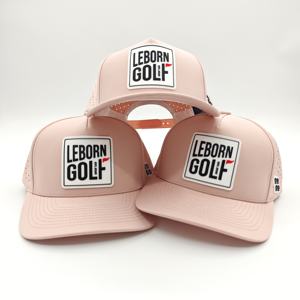 Casquettes de baseball OEM Business 5 panneaux en polyester, avec patch en caoutchouc design, découpe laser, perforations, imperméables, personnalisables et ajustables, motif léopard à pois Dobby - Product Image 1